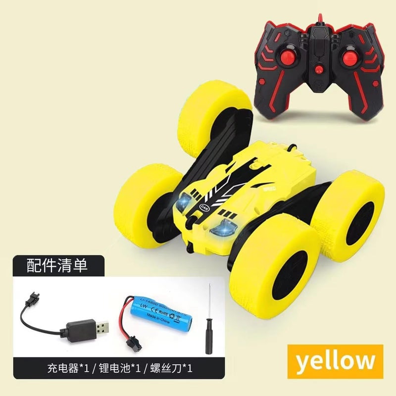 Double-Sided Tumbling Stunt Remote Control Car, 360° Flip Rollover RC Vehicle, All-Terrain Off-Road Toy Car with Fearless Stunt Design, Blue, for Kids Ages 6+ (Yellow)